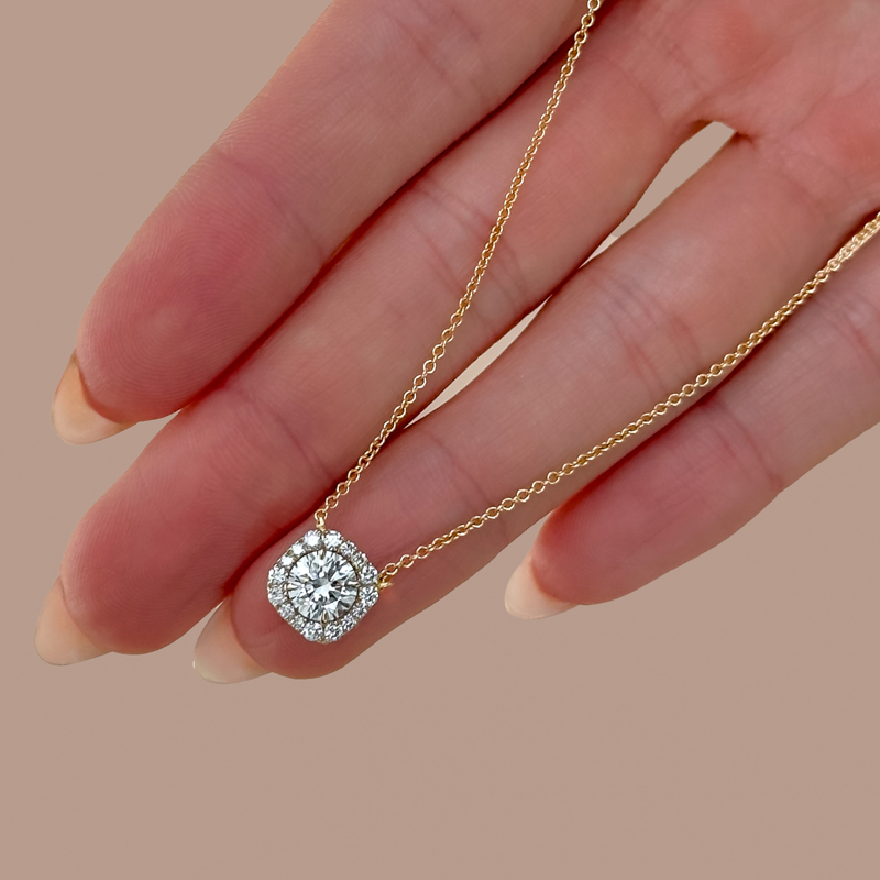 Yellow Gold Cushion Halo Round Necklace (1 1/3ctw)