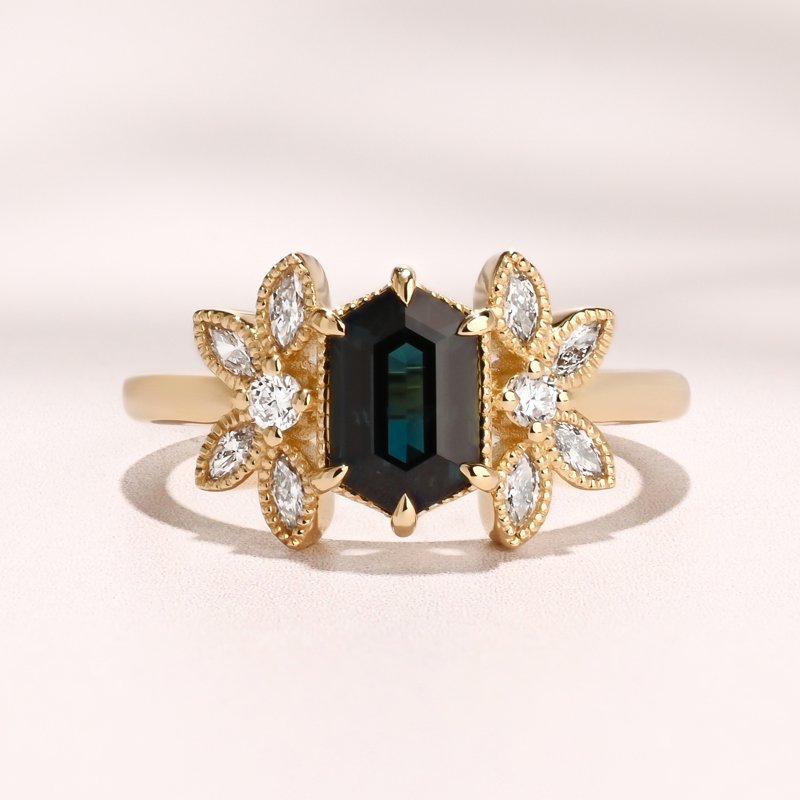 Deco Butterfly Ring I 1.51ct Hexagon Australian Teal Sapphire