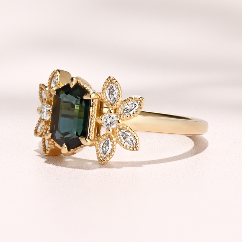 Deco Butterfly Ring I 1.51ct Hexagon Australian Teal Sapphire