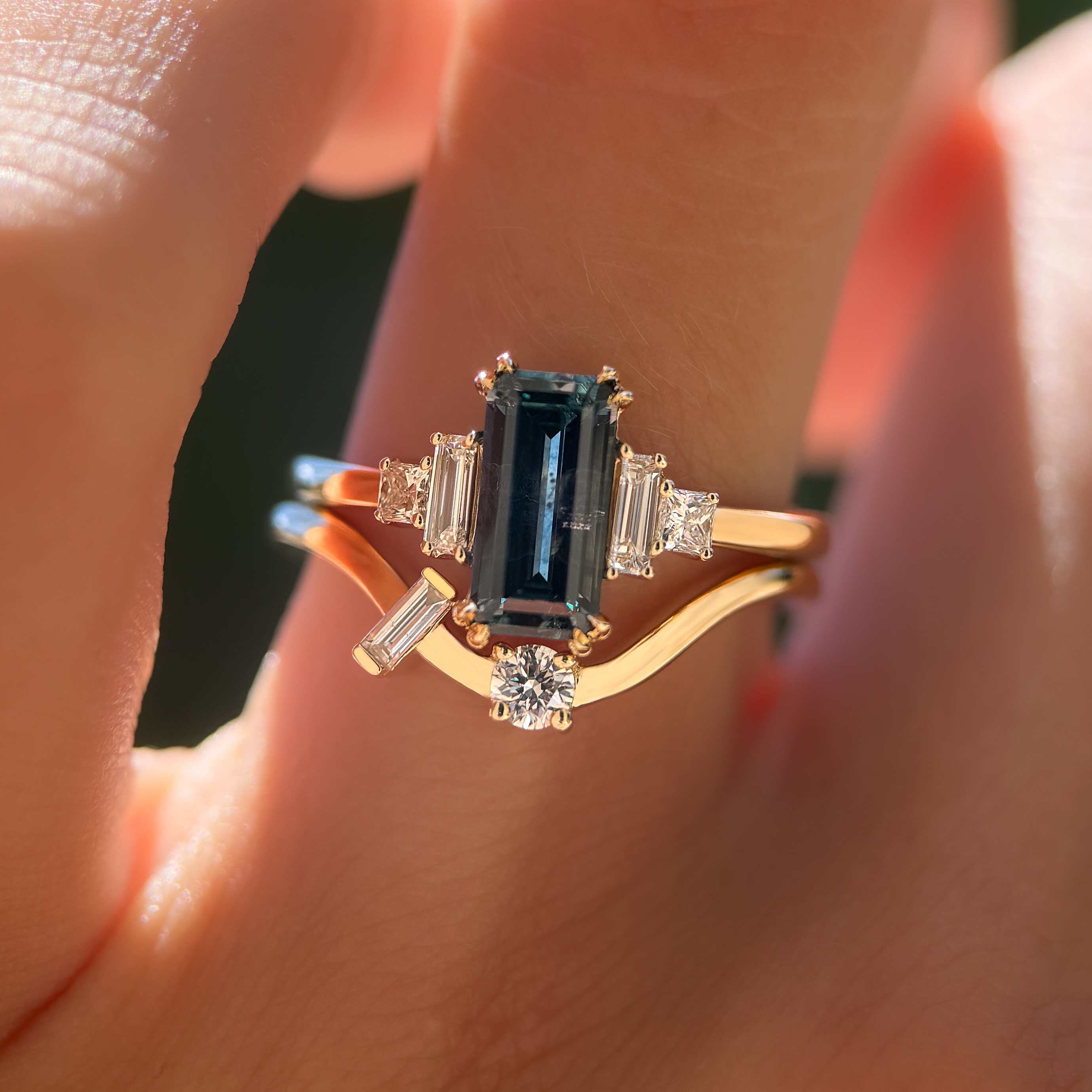 Amelia Ring | 1.34ct Rectangular Blue/Green Montana Sapphire