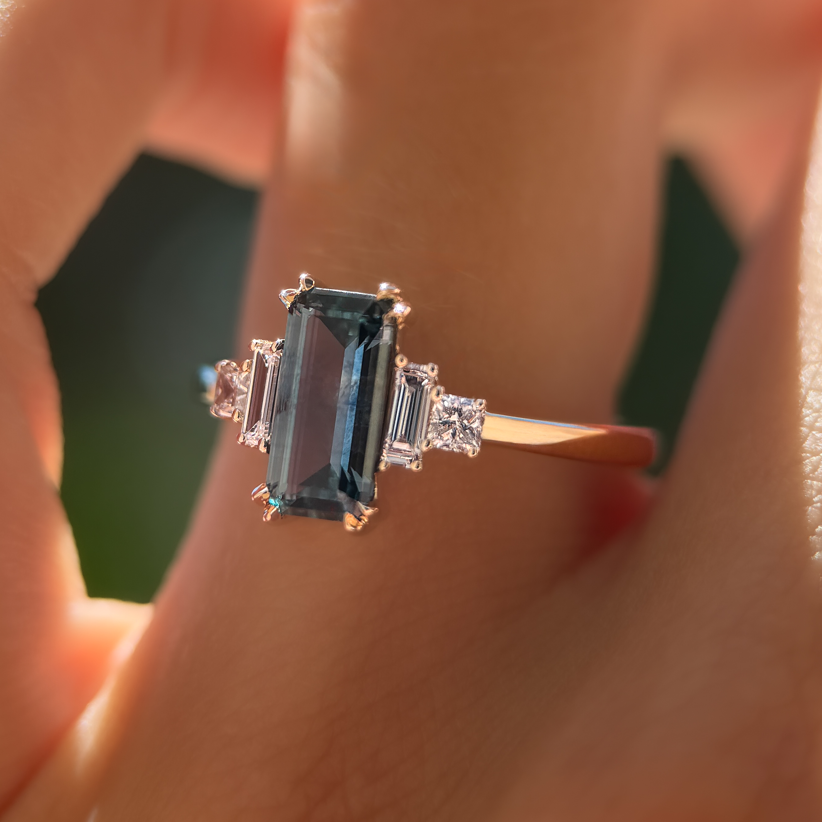 Amelia Ring | 1.34ct Rectangular Blue/Green Montana Sapphire