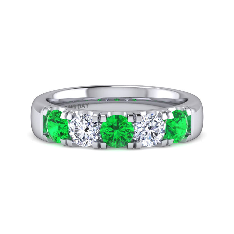 14K White Gold Five Stone 1/2ctw Lab Grown Diamond & Emerald Band