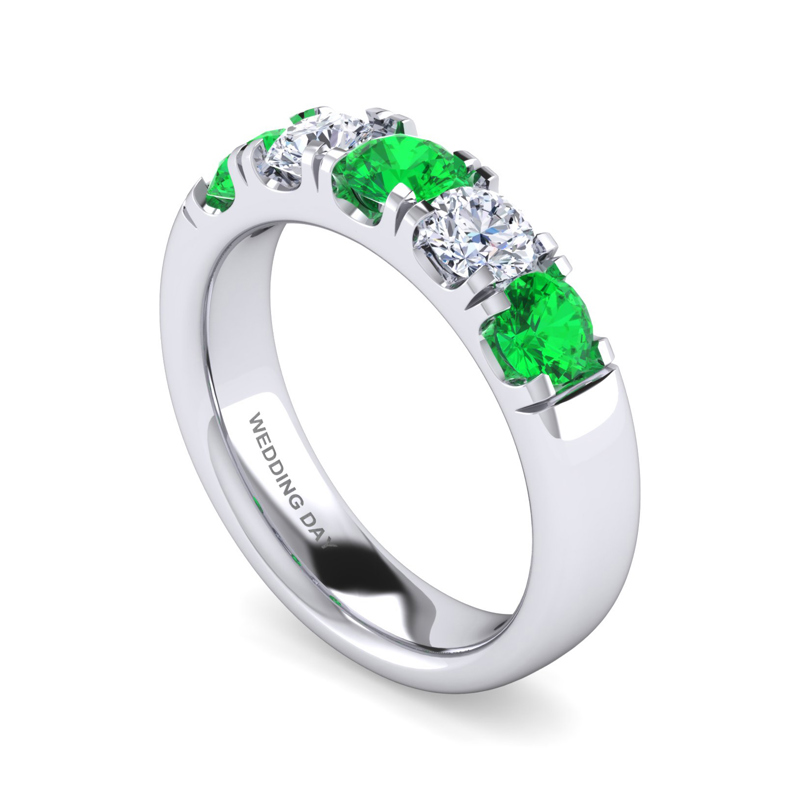 14K White Gold Five Stone 1/2ctw Lab Grown Diamond & Emerald Band