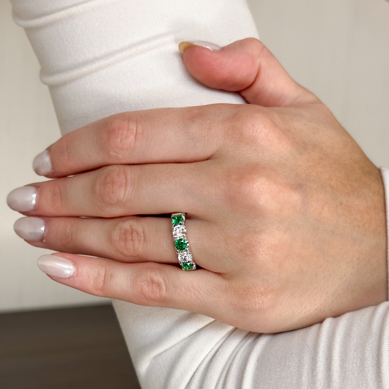 14K White Gold Five Stone 1/2ctw Lab Grown Diamond & Emerald Band