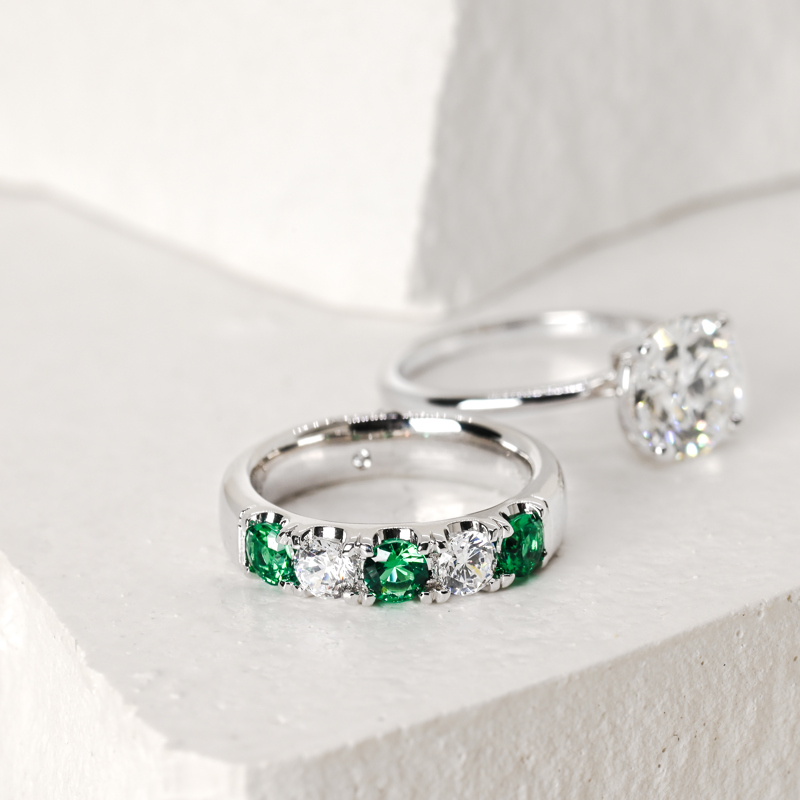 14K White Gold Five Stone 1/2ctw Lab Grown Diamond & Emerald Band