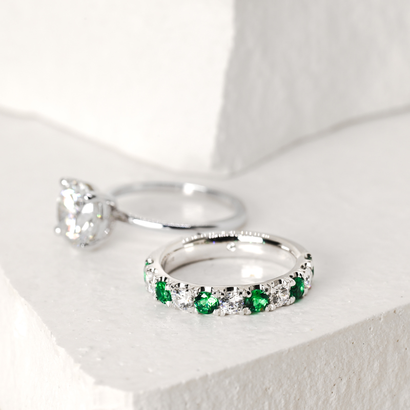14k White Gold 11 Stone Emerald and 1/2ctw Lab Grown Diamond Band