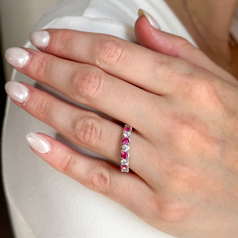14k White Gold 11 Stone Ruby and 1/2ctw Lab Grown Diamond Band