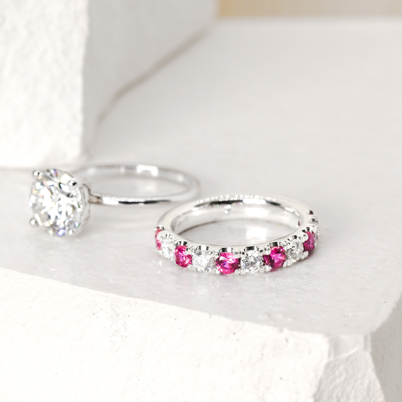 14k White Gold 11 Stone Ruby and 1/2ctw Lab Grown Diamond Band