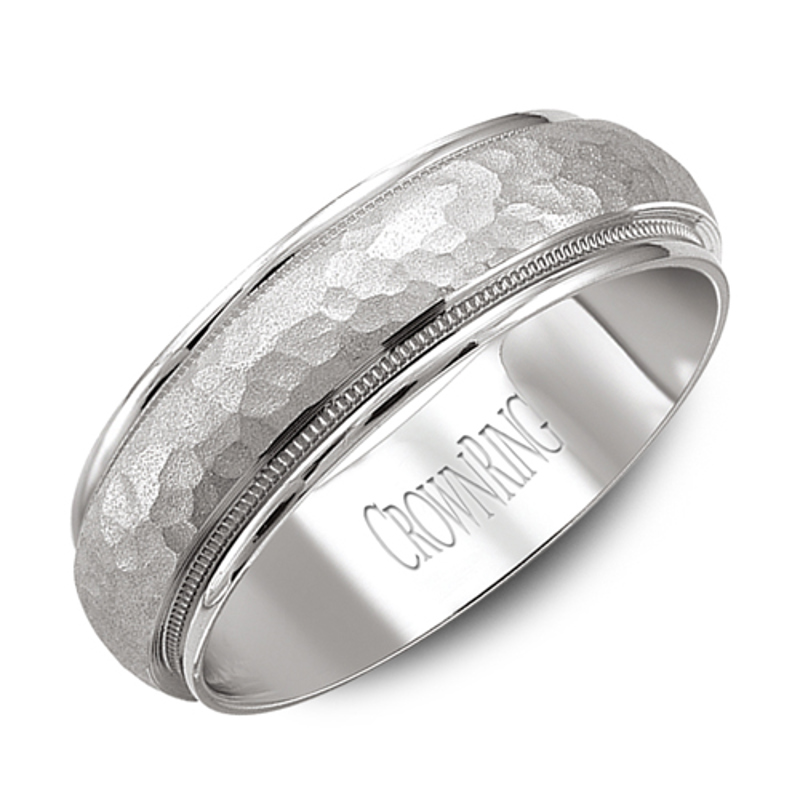 14K White Gold 6mm Hammered Milgrain Wedding Band