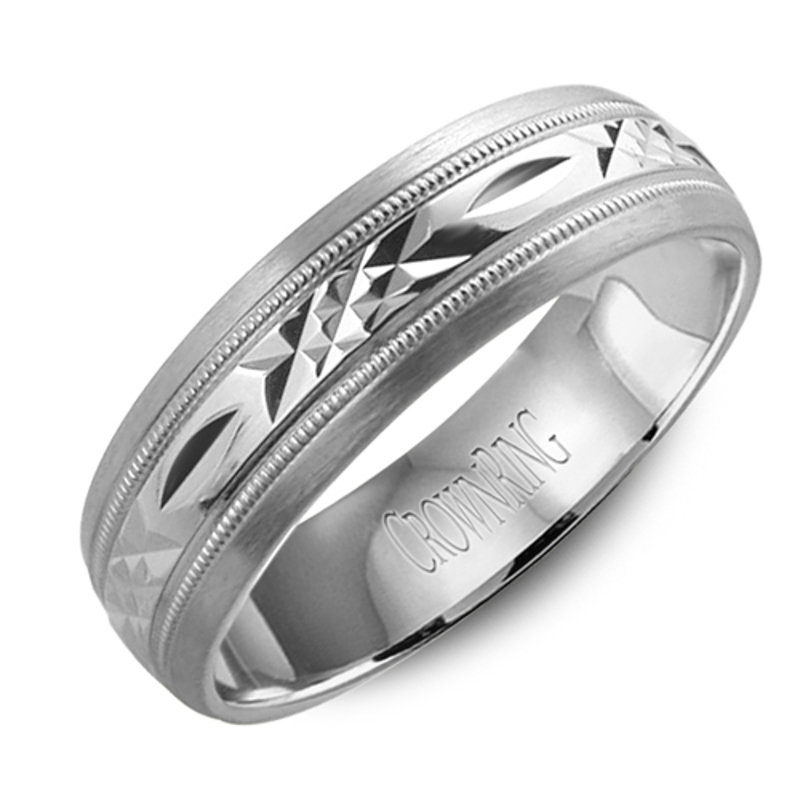 14K White Gold 6mm Carved Contrast Wedding Band