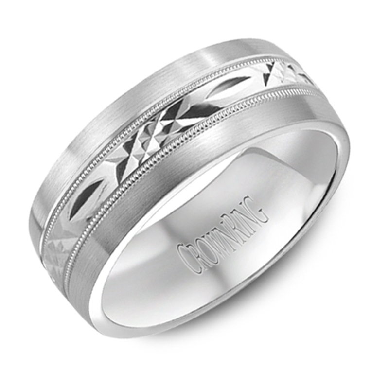 14K White Gold 8mm Carved Contrast Wedding Band