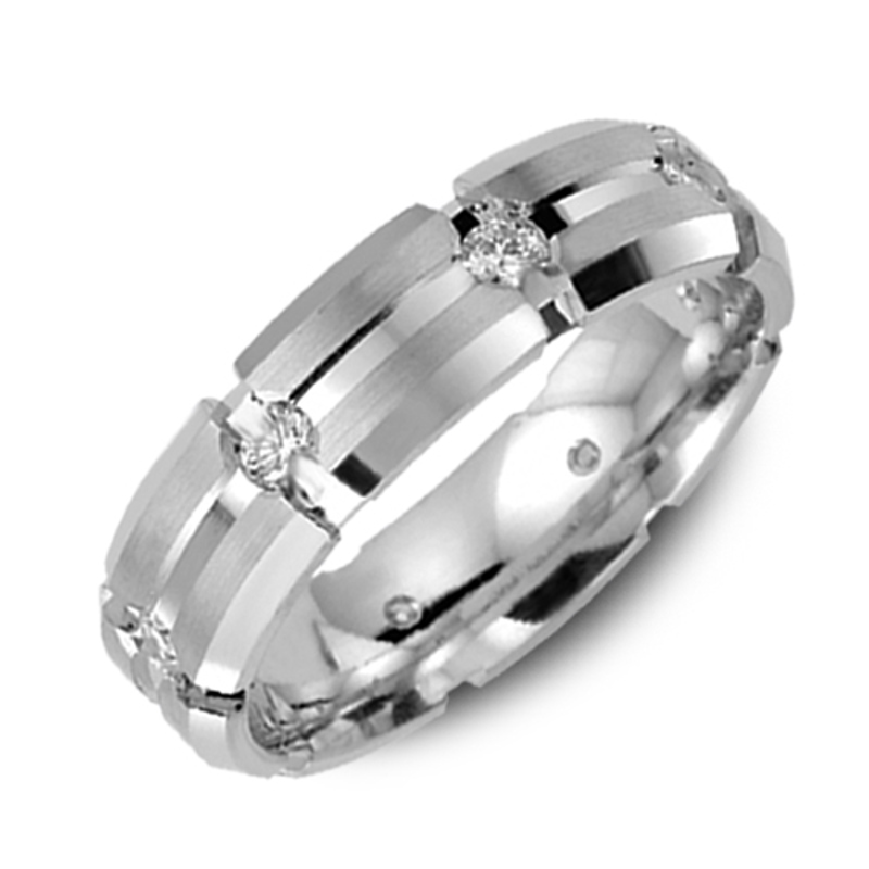 14K White Gold 6mm Brushed Diamond Wedding Band