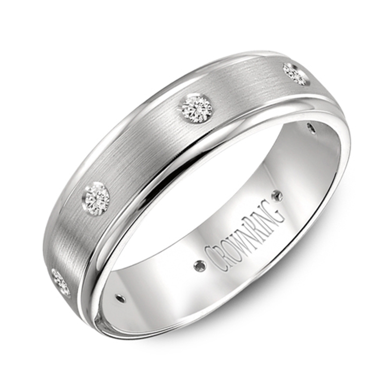 14K White Gold Brushed 6mm Diamond Wedding Band