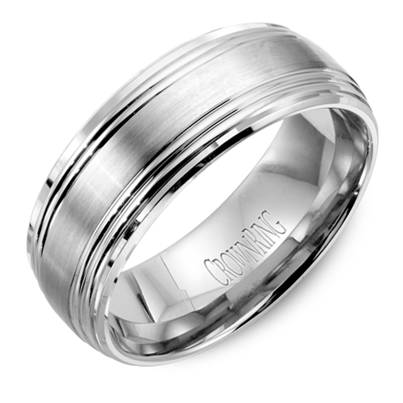 14K White Gold Ribbed Bevel 8mm Wedding Band