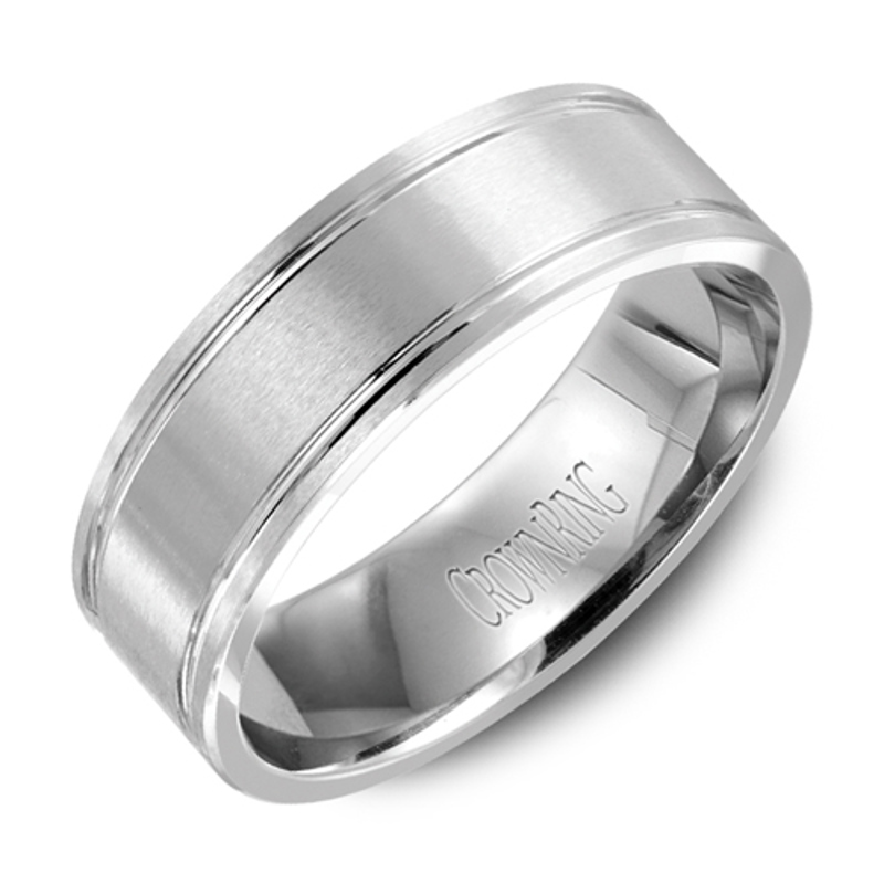 14K White Gold 7mm Ribbed Brushed Wedding Band