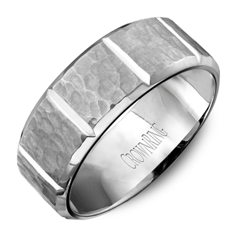 14K White Gold 8mm Grooved Hammered Wedding Band