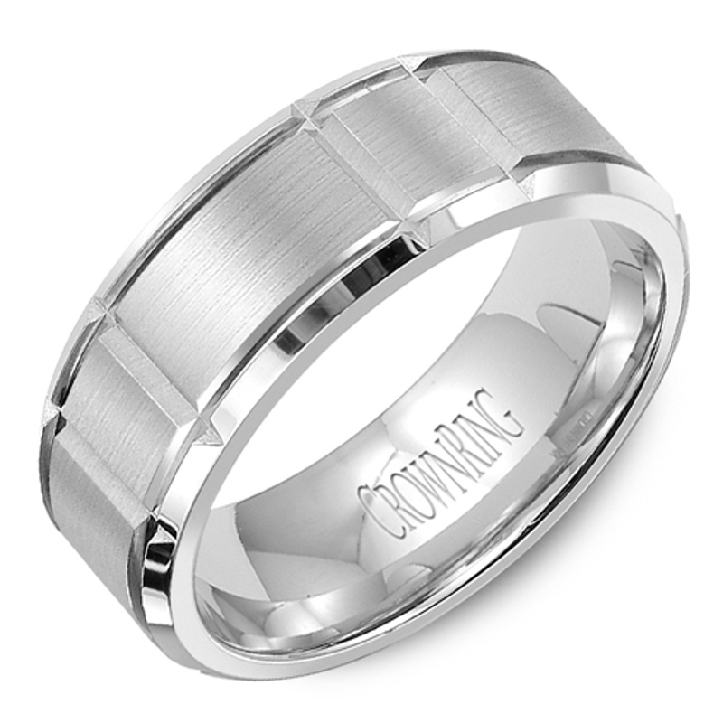 14K White Gold Brushed Grooved 8mm Wedding Band