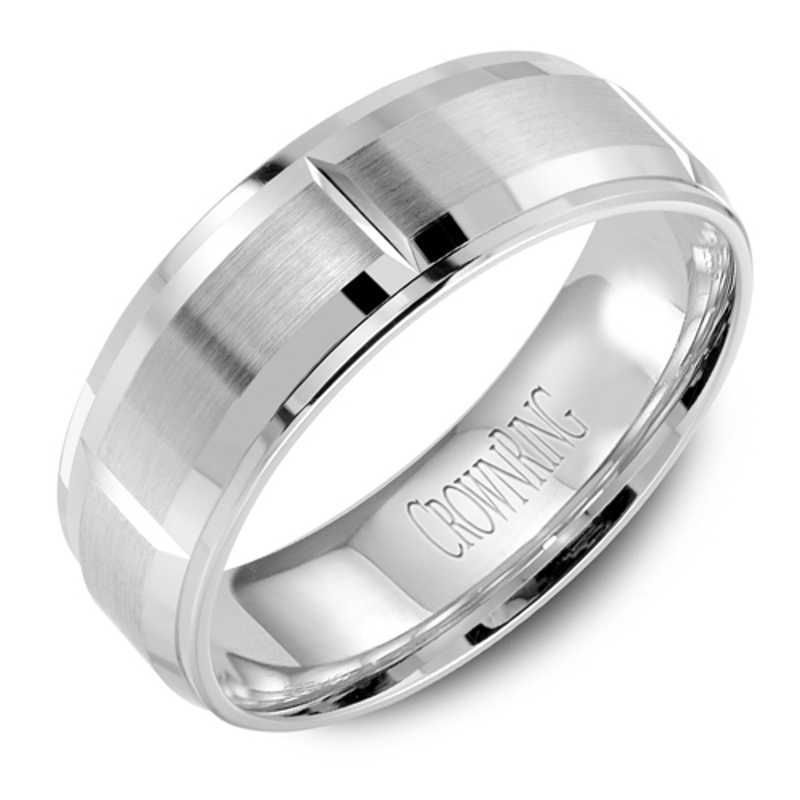 14K White Gold 7mm Brushed Beveled Wedding Band