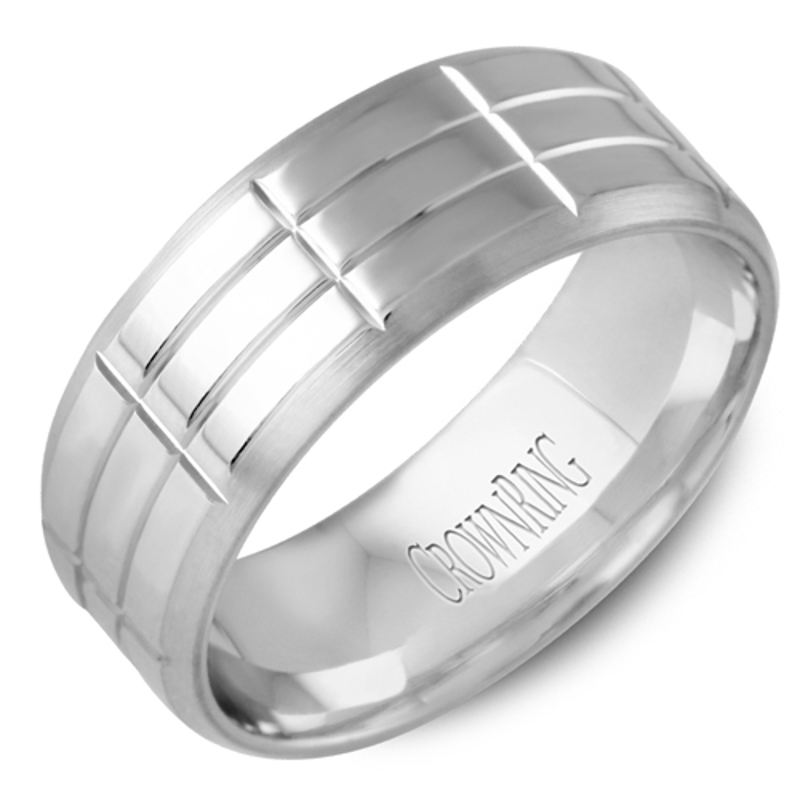 14K White Gold Triple Row Brushed 8mm Wedding Band