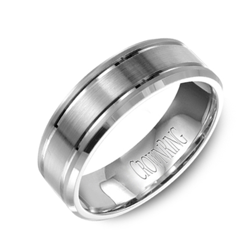 14K White Gold Beveled Brushed 7mm Wedding Band