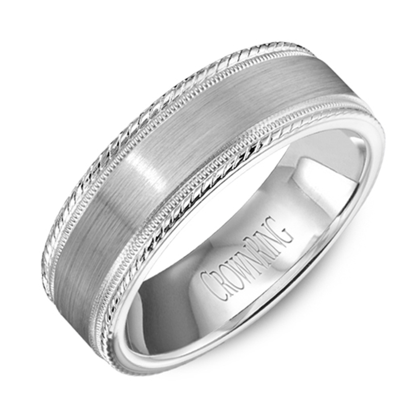 14K White Gold Carved Sandblast 7mm Wedding Band