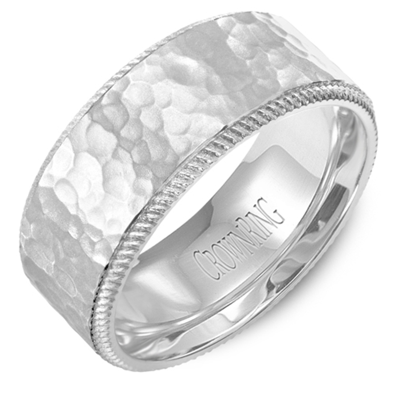 14K White Gold 9mm Hammered Wedding Band