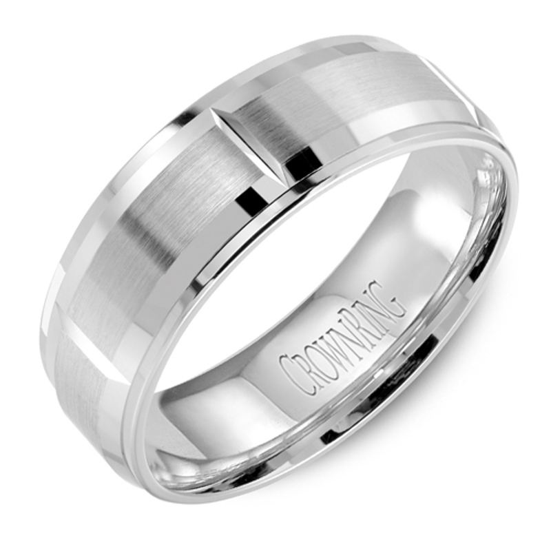 14K White Gold Beveled Brushed 7.5mm Wedding Band