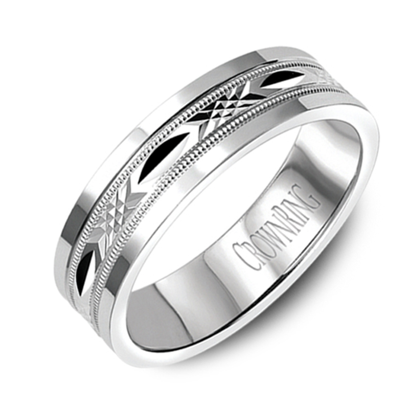 14K White Gold Diamond Cut Flat 6mm Wedding Band