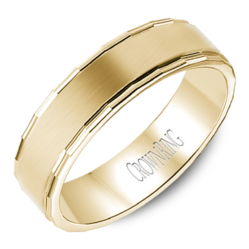 14K Yellow Gold Brushed Carved 7mm Wedding Band