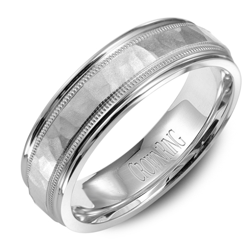 14K White Gold 6mm Hammered Brushed Wedding Band