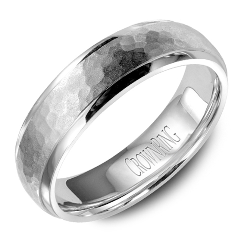 14K White Gold 6mm Domed Hammered Wedding Band
