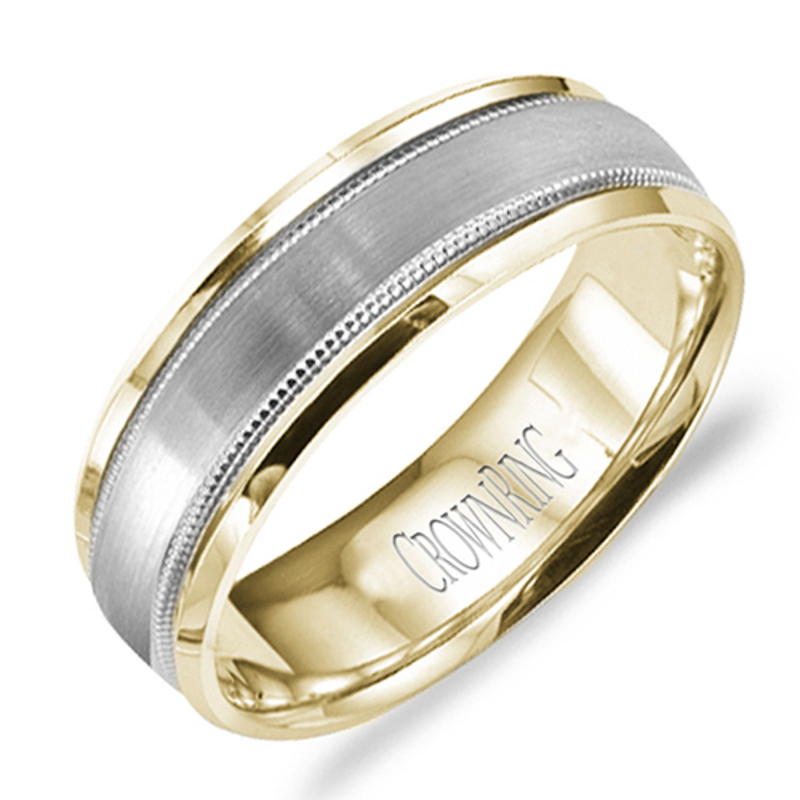 14K White and Yellow Gold Brushed 8mm Wedding Band