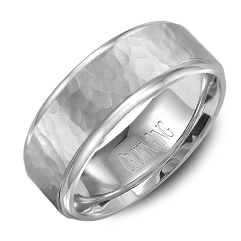 14K White Gold 8mm Hammered Brushed Wedding Band