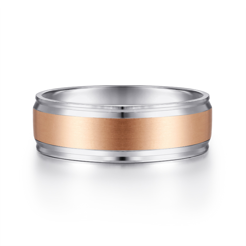 14K White and Rose Gold 7mm Satin Center Beveled Groove Flat Edge Wedding Band
