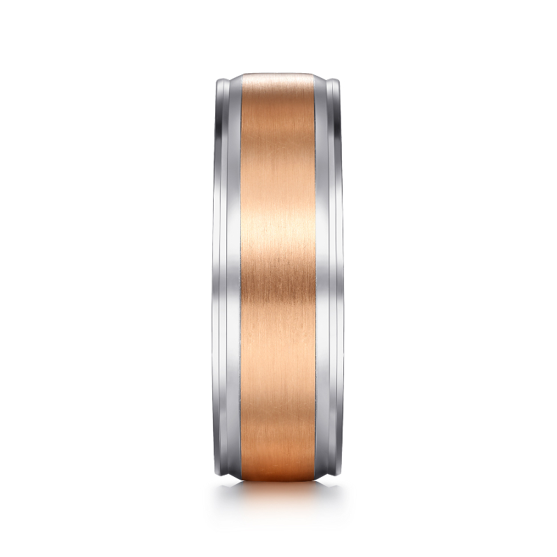 14K White and Rose Gold 7mm Satin Center Beveled Groove Flat Edge Wedding Band