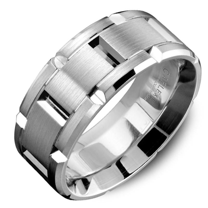 18K White Gold Triple Row Beveled 9mm Wedding Band