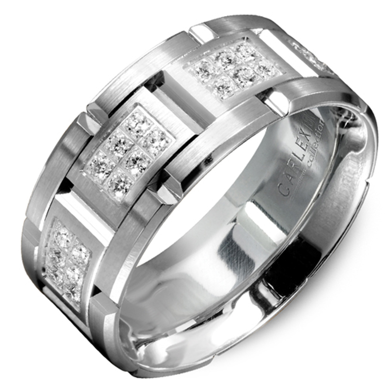 18K White Gold Triple Row Diamond 9mm Wedding Band