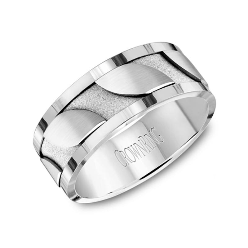 14K White Gold 8mm Carved Brushed Wedding Band