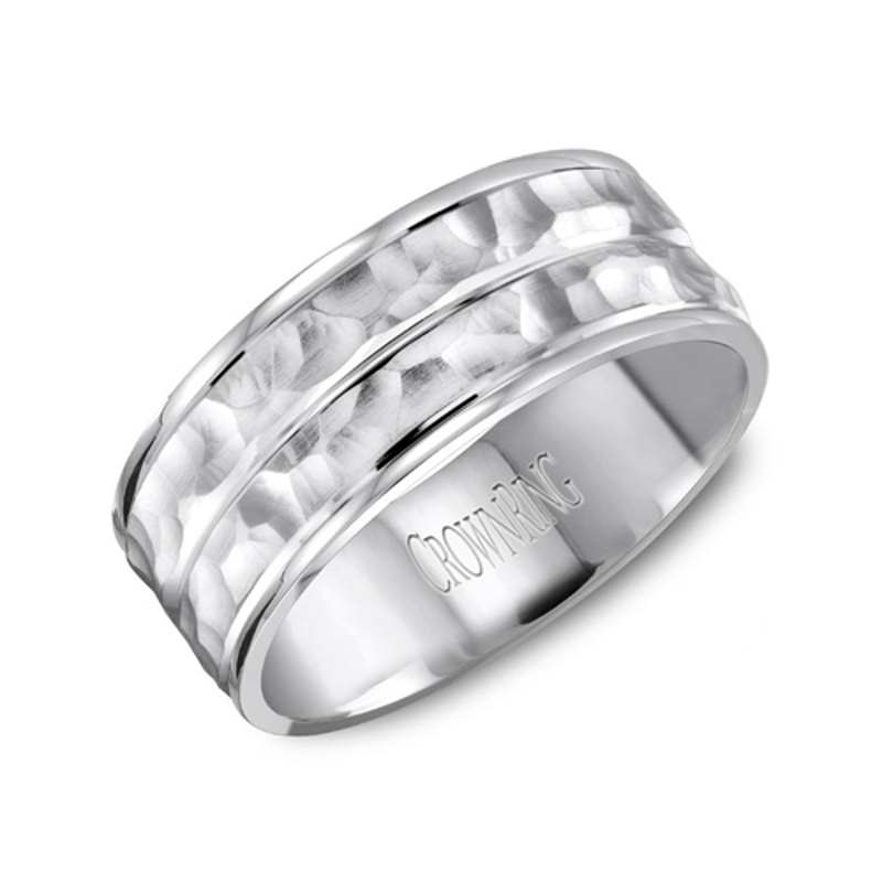 14K White Gold 8mm Double Hammered Wedding Band