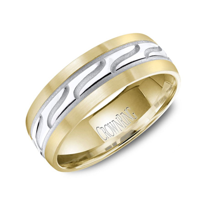 14K Yellow and White Gold 7mm Carved Wedding Band