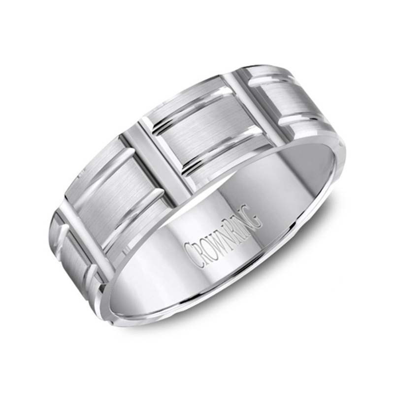 14K White Gold 7mm Carved Brushed Wedding Band