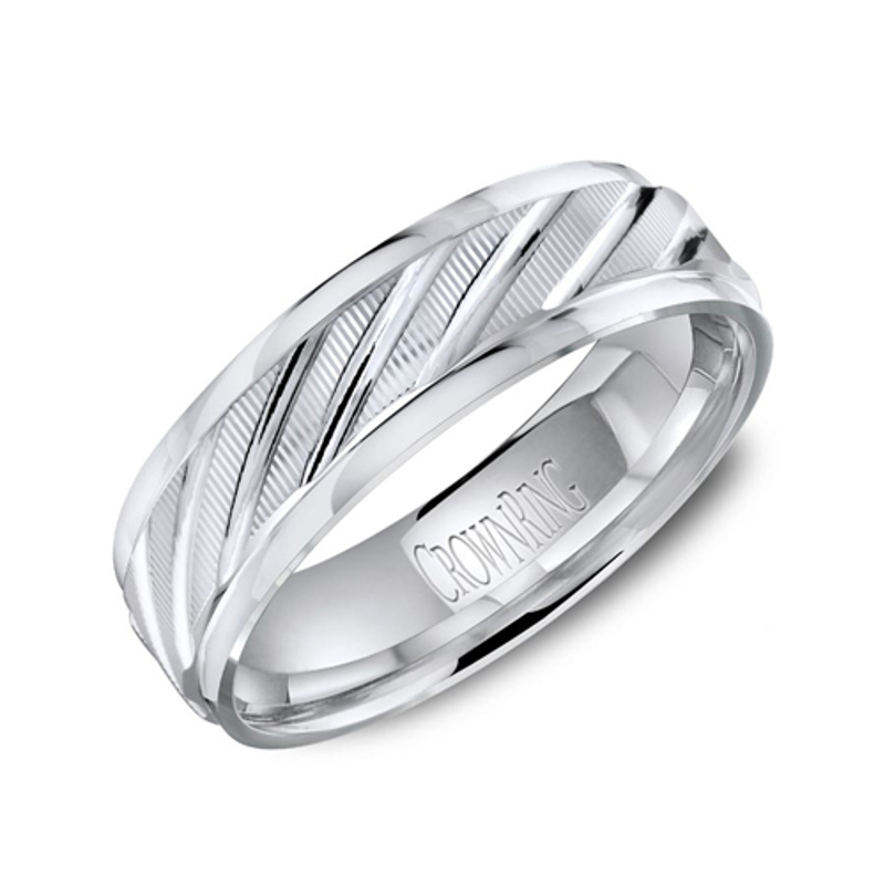 14K White Gold 6mm Diagonal Carved Wedding Band