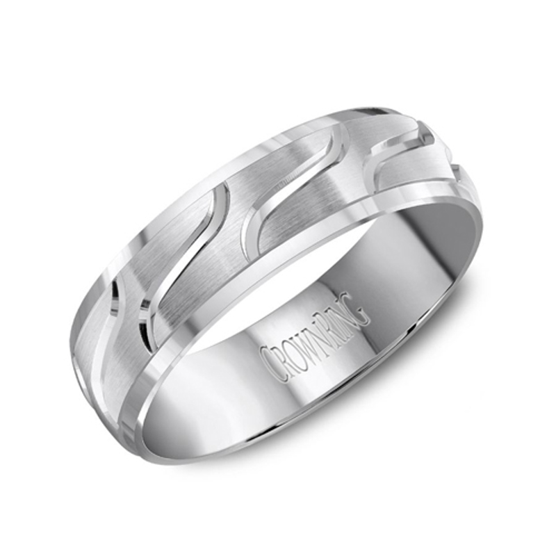 14K White Gold 6mm Carved Brushed Wedding Band