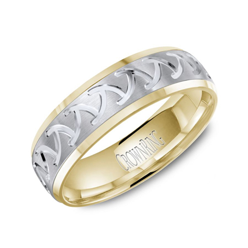 14K White and Yellow Gold 6mm Carved Wedding Band