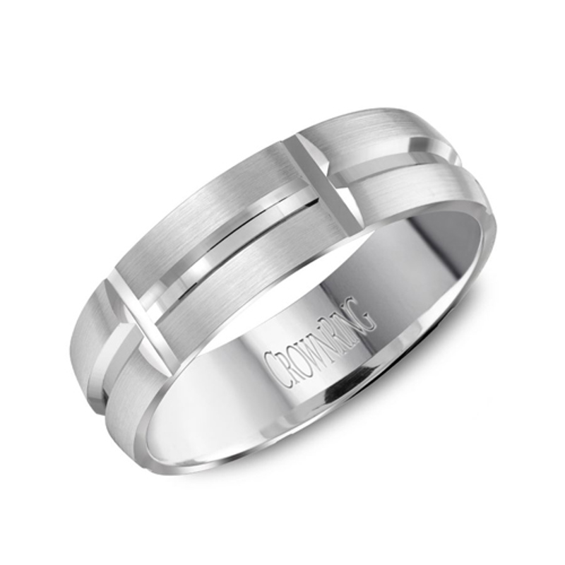14K White Gold 6mm Brushed Beveled Wedding Band