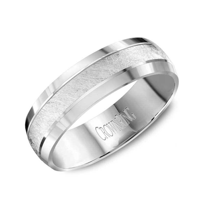 14K White Gold 6mm Textured Beveled Wedding Band