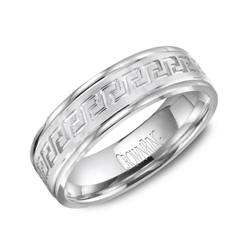 14K White Gold 6mm Pattered Beveled Wedding Band