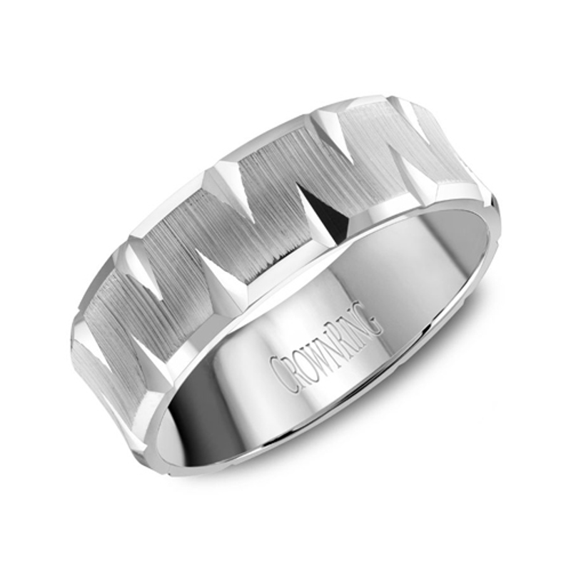14K White Gold 7mm Brushed Carved Wedding Band
