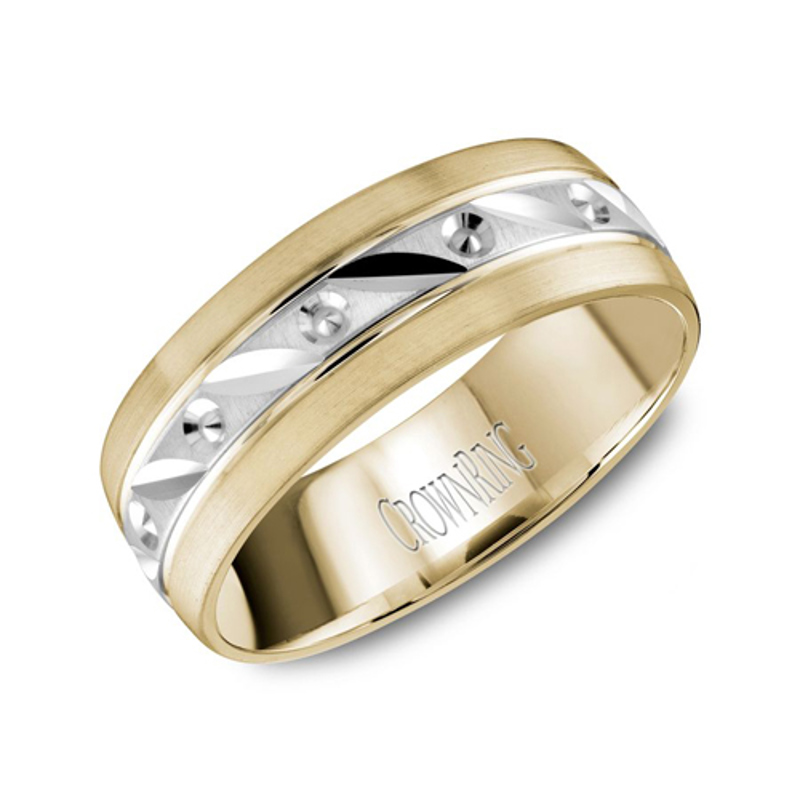 14K Yellow and White Gold 7mm Carved Wedding Band