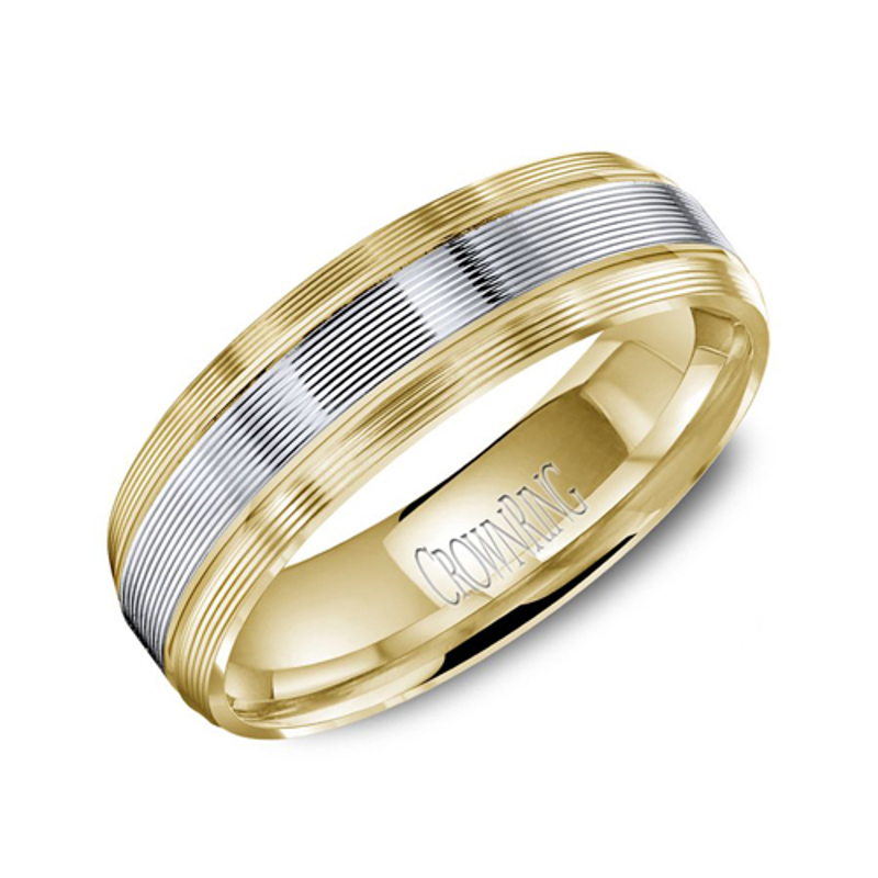 14K Yellow and White Gold 6mm Beveled Wedding Band